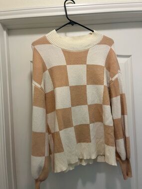 Jessica Cream and Tan Checkered Women's Sweater